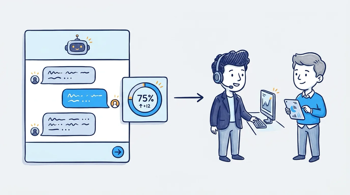 Automated resolution rate and escalation shown on an AI support agent chat with a handoff to a human teammate